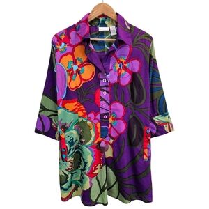 Soft Surroundings Womens Cotton Floral 3/4 Sleeve Tunic Medium Colorful Tropical